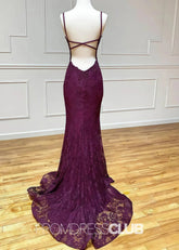 Jodie |Long Burgundy Prom Dresses Shops With Lace Spaghetti Straps V - Neck Mermaid Slit - Price #price_variant_lowest# - Burgundy - PromDressClub